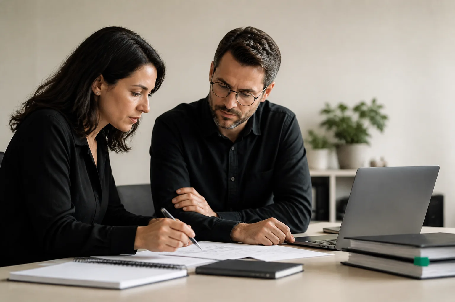 Two operators carefully reviewing a workflow together