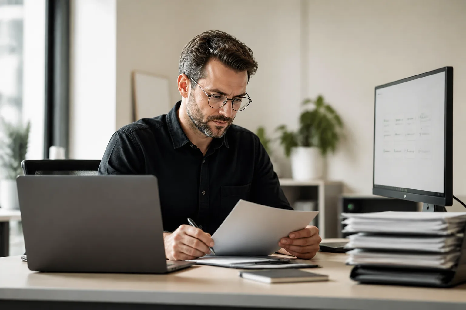 An operator reviewing documents and digital work at a desk